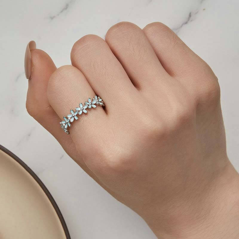 Simple Blue Green Small Flower 925 Sterling Silver Ring 02 | RoyalLuster.com