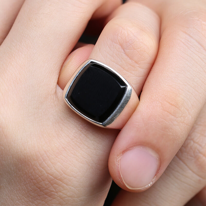 Simple Square Gemstone Onyx 925 Sterling Silver Ring 02 | RoyalLuster.com