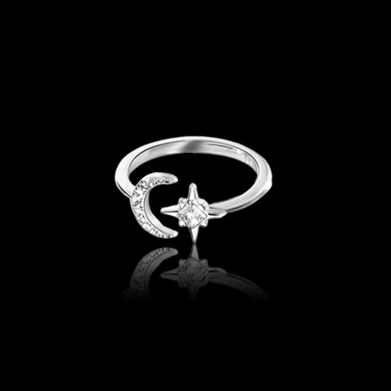 Simple Star and Moon 925 Sterling Silver Open Ring 01 | RoyalLuster.com