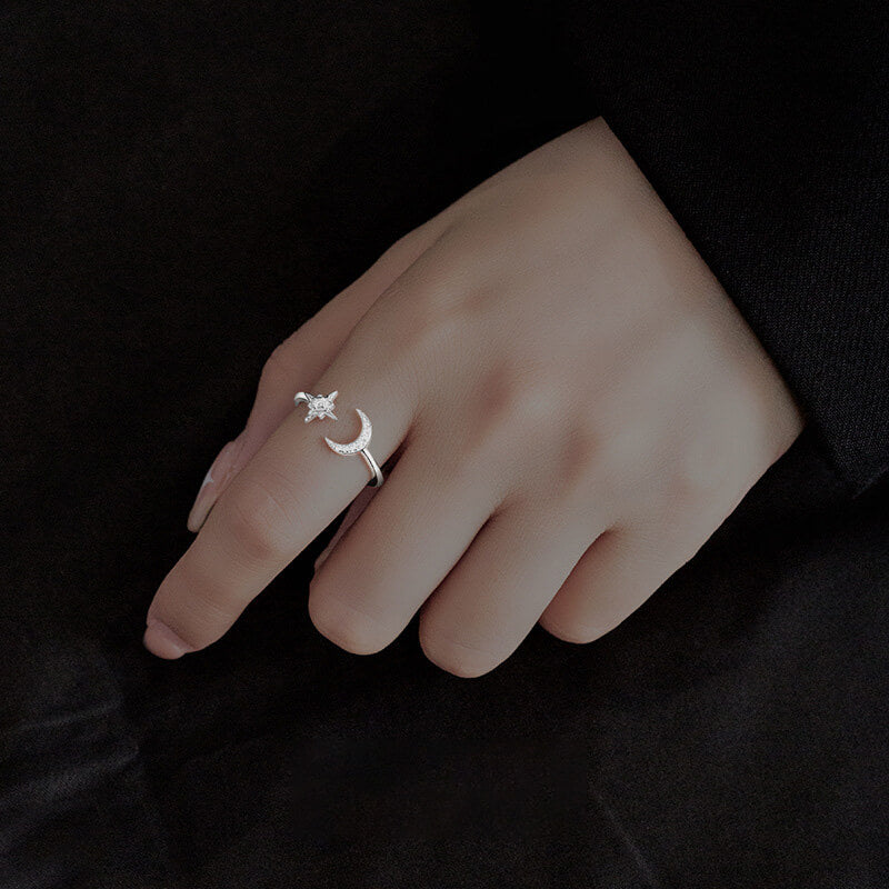 Simple Star and Moon 925 Sterling Silver Open Ring 02 | RoyalLuster.com