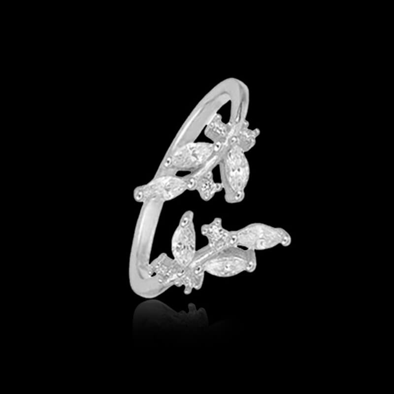 Simple Zirconia Leaf 925 Sterling Silver Open Ring 01 | RoyalLuster.com