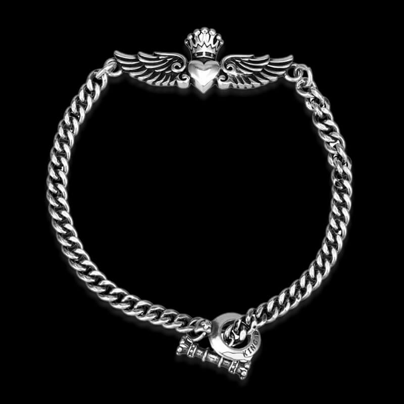 USA Love Heart Wings Crown 925 Sterling Silver Women's Bracelet 01 | RoyalLuster.com