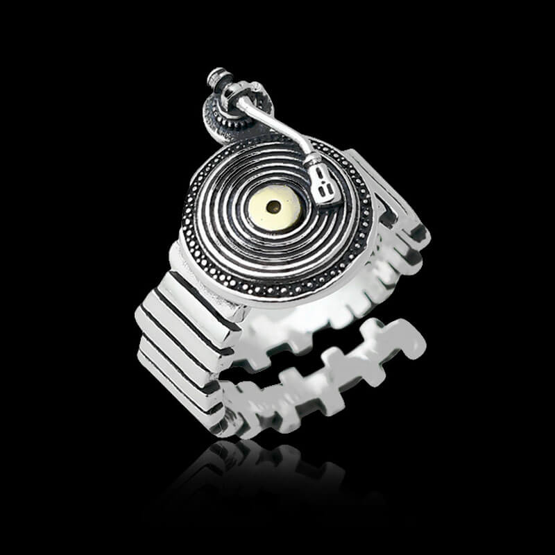 Vinyl Record Player 925 Sterling Silver Open Ring 01 | RoyalLuster.com